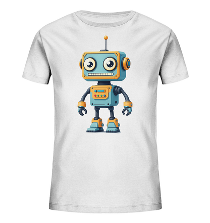 Onlineshop Shirts für Kinder - Das Bild zeigt ein weisses kurzärmeliges T-Shirt für Kinder. Auf der Vorderseite ist eine farbenfrohe Illustration eines freundlichen Roboters zu sehen. Der Roboter hat einen hellblauen Körper mit orangen und grauen Details, grosse runde Augen und ein breites Lächeln. Auf seinem Rumpf befindet sich ein kleines Bedienfeld mit farbigen Elementen, und er hat eine Antenne auf dem Kopf. Das Motiv wirkt spielerisch und eignet sich gut für Kinder.