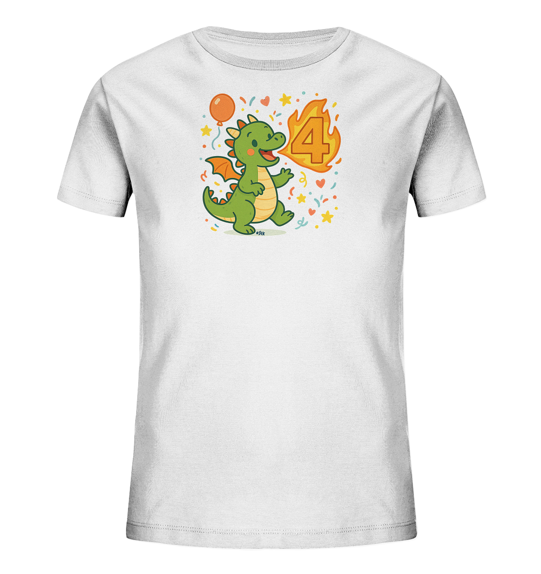 Onlineshop Shirts fuer Kinder - Das Bild zeigt ein weisses Kinder-T-Shirt mit einem farbenfrohen Motiv. Ein freundlicher gruener Cartoon-Drache laeuft neben der Zahl '4', die von Flammen umgeben ist. Das Design enthaelt auch einen orangefarbenen Ballon sowie kleine Sterne und Konfetti. Es ist ein verspieltes Motiv, das gut zu einem vierten Geburtstag passt.