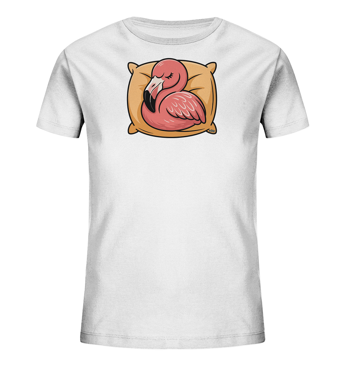 Onlineshop Shirts fuer Kinder - Das Bild zeigt ein weisses T-Shirt mit einem niedlichen Motiv eines schlafenden Flamingos. Der rosa Flamingo liegt gemuetlich auf einem beigen Kissen, die Augen geschlossen. Das Design wirkt ruhig und ansprechend fuer Kinder.