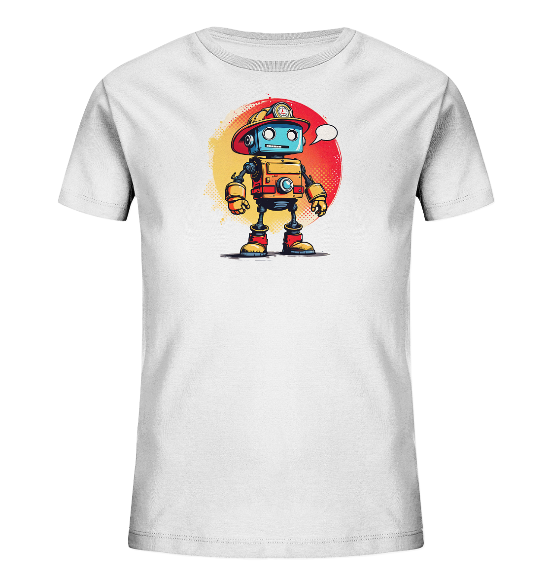 Onlineshop Shirts für Kinder - Das Bild zeigt ein weißes Kinder-T-Shirt mit einem farbenfrohen Aufdruck auf der Vorderseite. Der Aufdruck zeigt einen cartoonartigen Roboter mit einem roten Feuerwehrmannhelm und blauer Stirnplatte. Der Körper des Roboters ist hauptsächlich orange und gelb mit roten und blauen Akzenten. Hinter dem Roboter befindet sich ein kreisförmiges Hintergrundelement in Gelb- und Rottönen mit einem gepunkteten Muster, was dem Motiv einen dynamischen Look verleiht.