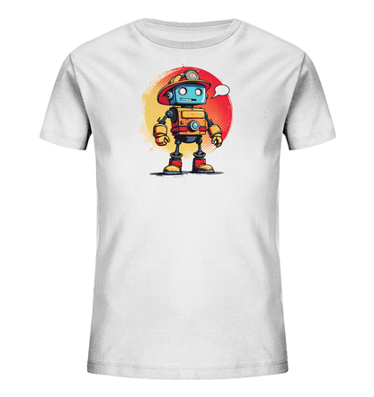 Onlineshop Shirts für Kinder - Das Bild zeigt ein weißes Kinder-T-Shirt mit einem farbenfrohen Aufdruck auf der Vorderseite. Der Aufdruck zeigt einen cartoonartigen Roboter mit einem roten Feuerwehrmannhelm und blauer Stirnplatte. Der Körper des Roboters ist hauptsächlich orange und gelb mit roten und blauen Akzenten. Hinter dem Roboter befindet sich ein kreisförmiges Hintergrundelement in Gelb- und Rottönen mit einem gepunkteten Muster, was dem Motiv einen dynamischen Look verleiht.