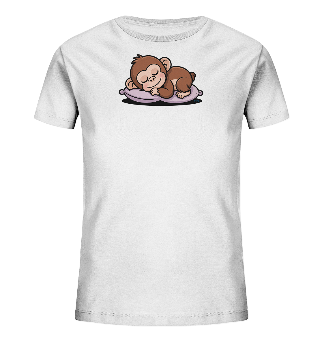 Onlineshop Shirts fuer Kinder - Das Bild zeigt ein weisses Kinder-T-Shirt mit einem niedlichen Motiv auf der Vorderseite. Darauf ist ein kleiner brauner Affe abgebildet, der friedlich auf einem lilafarbenen Kissen schlaeft. Das Äffchen hat geschlossene Augen und ein leichtes Laecheln, was dem Design eine ruhige und liebliche Ausstrahlung verleiht. Die Abbildung ist zentral im oberen Bereich des Shirts platziert.