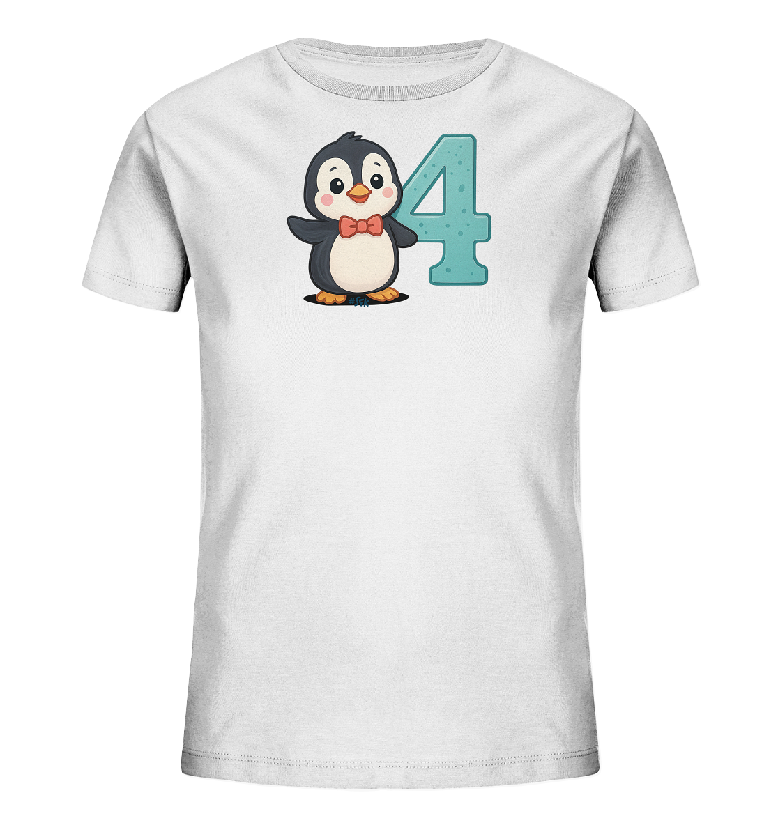 Onlineshop Shirts fuer Kinder - Dieses weisse Kinder-T-Shirt zeigt eine freundliche Cartoon-Illustration eines Pinguins mit einer roten Fliege. Neben dem Pinguin ist prominent die Zahl '4' in einem hellen Blauton mit einem dezenten Muster abgebildet. Das Design ist kindgerecht und farbenfroh gestaltet.