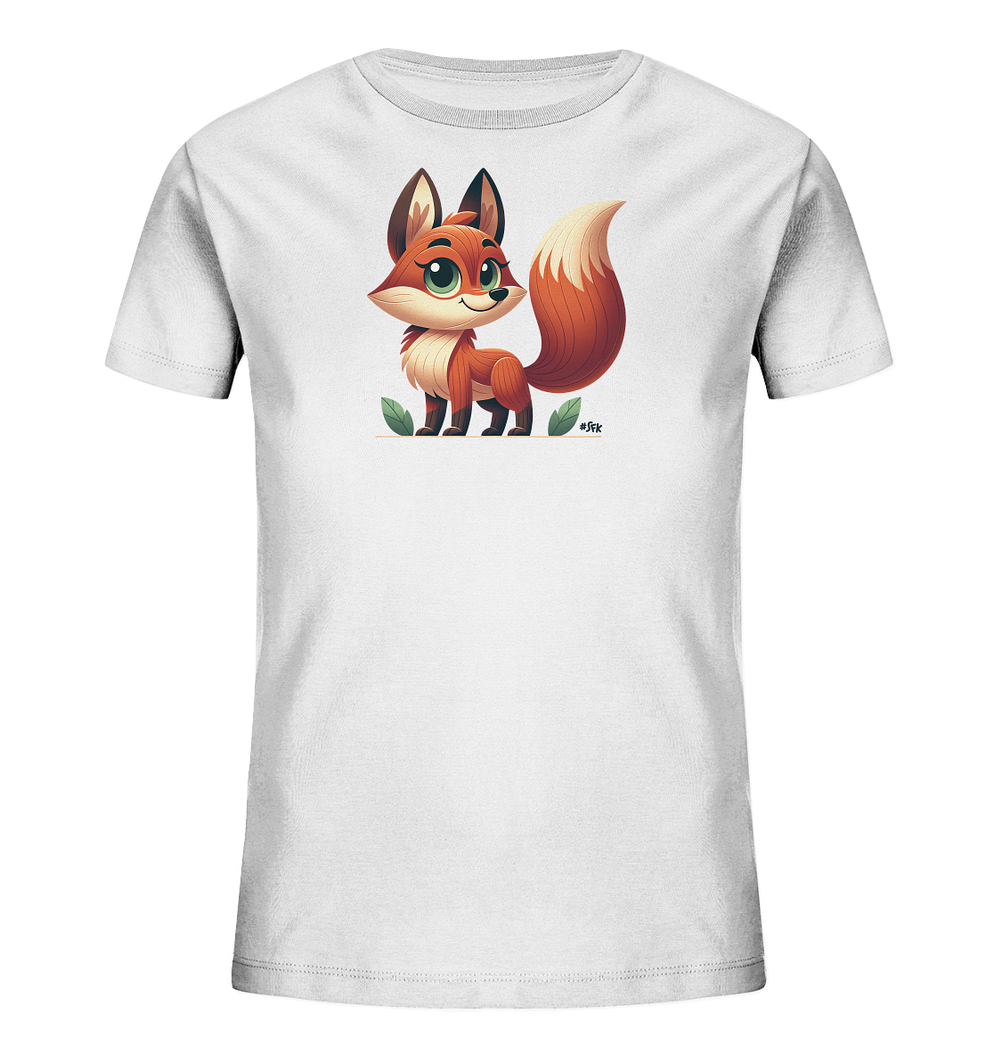 Onlineshop Shirts fuer Kinder - Das Bild zeigt ein weisses T-Shirt fuer Kinder mit einem niedlichen Fuchsmotiv auf der Vorderseite. Der Fuchs ist im Comic-Stil gestaltet, hat grosse gruene Augen und steht zwischen gruenen Blaettern. Sein Fell ist orange-braun mit weissen Akzenten und er hat einen buschigen Schwanz. Das Design wirkt freundlich und verspielt.