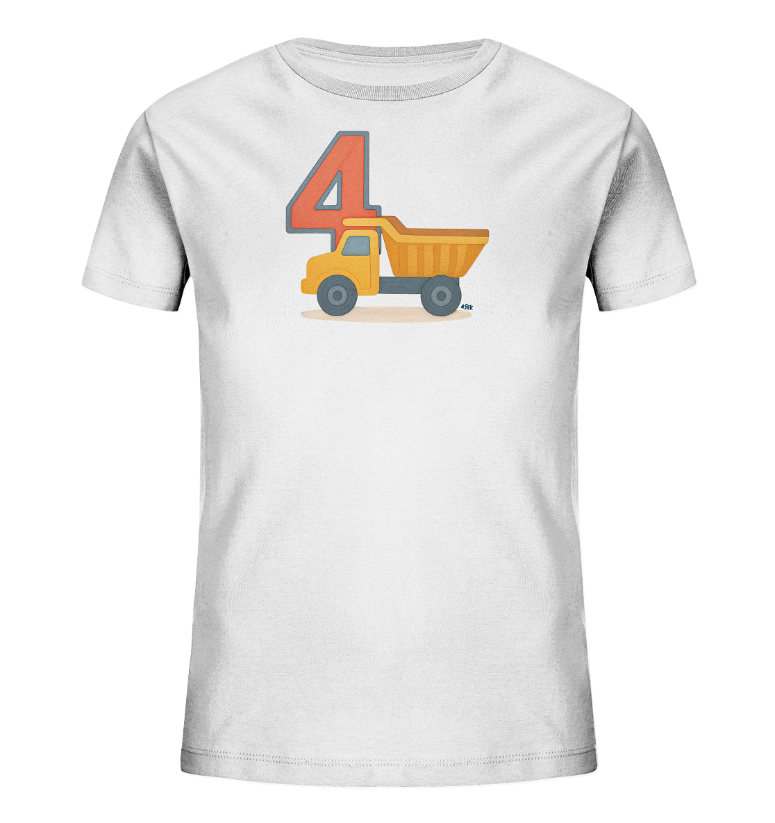 Onlineshop Shirts fuer Kinder - Das weisse Kinder T-Shirt praesentiert eine ansprechende Grafik auf der Vorderseite. Zentrales Element ist die grosse Zahl 4 in Rot mit grauem Rand. Daneben ist ein gelber Spielzeug-Kipplaster mit brauner Mulde abgebildet. Das gesamte Design wirkt verspielt und kindgerecht.