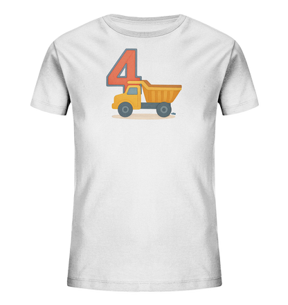 Onlineshop Shirts fuer Kinder - Das weisse Kinder T-Shirt praesentiert eine ansprechende Grafik auf der Vorderseite. Zentrales Element ist die grosse Zahl 4 in Rot mit grauem Rand. Daneben ist ein gelber Spielzeug-Kipplaster mit brauner Mulde abgebildet. Das gesamte Design wirkt verspielt und kindgerecht.