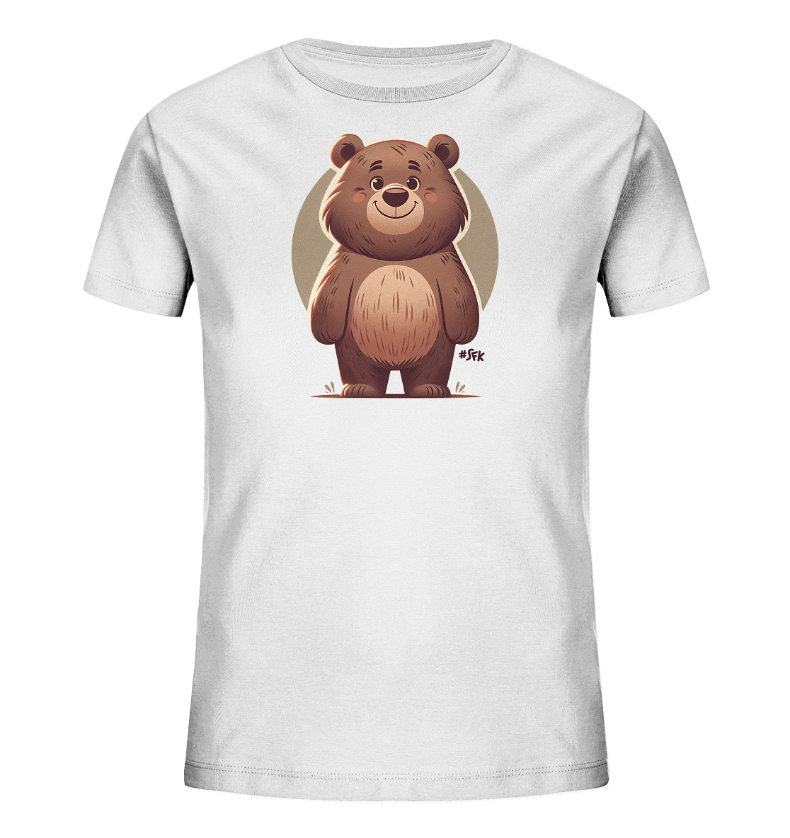 Onlineshop Shirts fuer Kinder - Das Bild zeigt ein weisses Kinder-T-Shirt mit einem grossen, freundlichen Comic-Baeren-Motiv auf der Vorderseite. Der braune Baer steht aufrecht und laechelt. Hinter ihm befindet sich ein heller, kreisfoermiger Hintergrund. Das Design ist liebevoll und ansprechend fuer Kinder gestaltet.