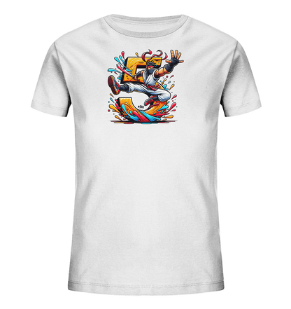 Kinder T-Shirt mit springendem Ninja, großer Zahl 5 und bunten Farbspritzern