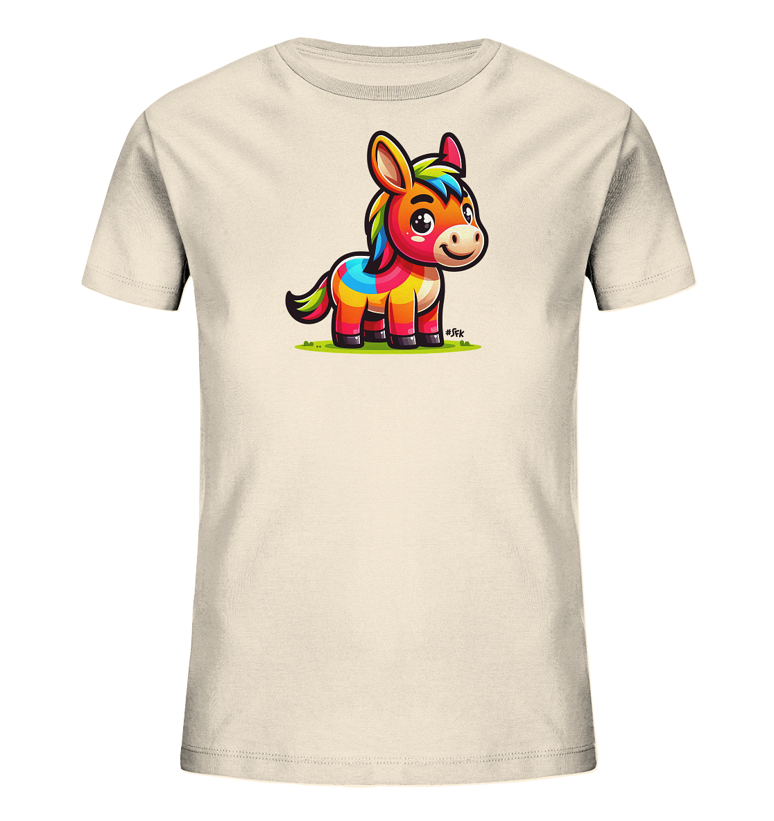Onlineshop Shirts fuer Kinder - Das Bild zeigt ein cremefarbenes T-Shirt fuer Kinder mit einem farbenfrohen Comic-Motiv. Im Zentrum ist ein froehlicher Esel dargestellt, der in leuchtenden Farben wie Rot, Orange, Gelb, Gruen und Blau gestaltet ist. Der Esel hat grosse Augen, ein Laecheln und steht auf einer gruenen Wiese. Das Design wirkt verspielt und ansprechend fuer Kinder.