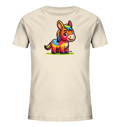 Onlineshop Shirts fuer Kinder - Das Bild zeigt ein cremefarbenes T-Shirt fuer Kinder mit einem farbenfrohen Comic-Motiv. Im Zentrum ist ein froehlicher Esel dargestellt, der in leuchtenden Farben wie Rot, Orange, Gelb, Gruen und Blau gestaltet ist. Der Esel hat grosse Augen, ein Laecheln und steht auf einer gruenen Wiese. Das Design wirkt verspielt und ansprechend fuer Kinder.