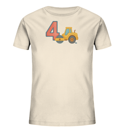 Onlineshop Shirts fuer Kinder - Dieses Bild zeigt ein beigefarbenes Kinder-T-Shirt mit einem farbigen Druck auf der Vorderseite. Der Druck besteht aus der Zahl '4', die in Rot mit blauem Umriss dargestellt ist, und einer gelben Cartoon-Walze daneben. Die Walze hat eine graue Rolle und Raeder sowie ein blaues Fenster. Das Motiv wirkt froehlich und ansprechend fuer Kinder.