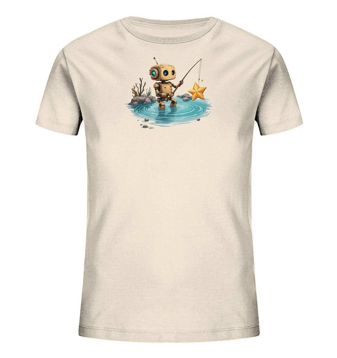 Onlineshop Shirts für Kinder - Das Bild zeigt ein helles, einfarbiges T-Shirt für Kinder mit einem detaillierten Druck auf der Vorderseite. Das Motiv stellt einen kleinen, anthropomorphen Roboter dar, der in einem flachen Gewässer steht und mit einer Angel nach einem goldenen Stern fischt. Rund um den Roboter sind angedeutete Felsen und spärliche Vegetation zu sehen, die eine kleine Landschaft bilden. Die Grafik ist farbenfroh und fantasievoll gestaltet und nimmt den oberen Bereich des Shirts ein.