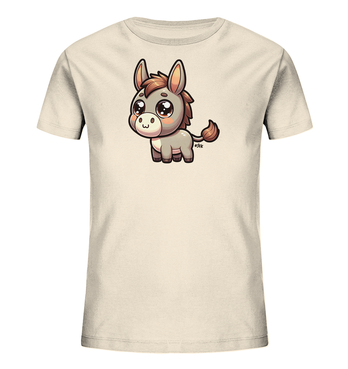 Onlineshop Shirts fuer Kinder - Das Bild zeigt ein cremefarbenes Kinder T-Shirt mit einem niedlichen Cartoon-Esel. Der Esel hat grosse, glaenzende Augen und braunes Fell an Ohren, Maehne und Schwanzspitze. Das verspielte Design verleiht dem Shirt einen froehlichen Look.