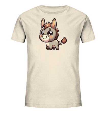 Onlineshop Shirts fuer Kinder - Das Bild zeigt ein cremefarbenes Kinder T-Shirt mit einem niedlichen Cartoon-Esel. Der Esel hat grosse, glaenzende Augen und braunes Fell an Ohren, Maehne und Schwanzspitze. Das verspielte Design verleiht dem Shirt einen froehlichen Look.
