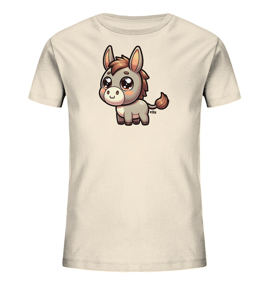 Onlineshop Shirts fuer Kinder - Das Bild zeigt ein cremefarbenes Kinder T-Shirt mit einem niedlichen Cartoon-Esel. Der Esel hat grosse, glaenzende Augen und braunes Fell an Ohren, Maehne und Schwanzspitze. Das verspielte Design verleiht dem Shirt einen froehlichen Look.