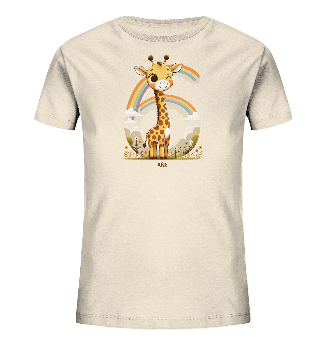 Onlineshop Shirts fuer Kinder - Das Bild zeigt ein cremefarbenes Kinder-T-Shirt mit einem farbenfrohen Aufdruck. Im Zentrum des Designs steht eine laechelnde, cartoonartige Giraffe, die vor einer grossen Ziffer Sechs positioniert ist. Die Sechs wird von einem Regenbogen und Wolken gebildet, waehrend die Giraffe von kleinen Blumen und Graesern umgeben ist. Das gesamte Motiv strahlt eine froehliche und verspielte Stimmung aus.