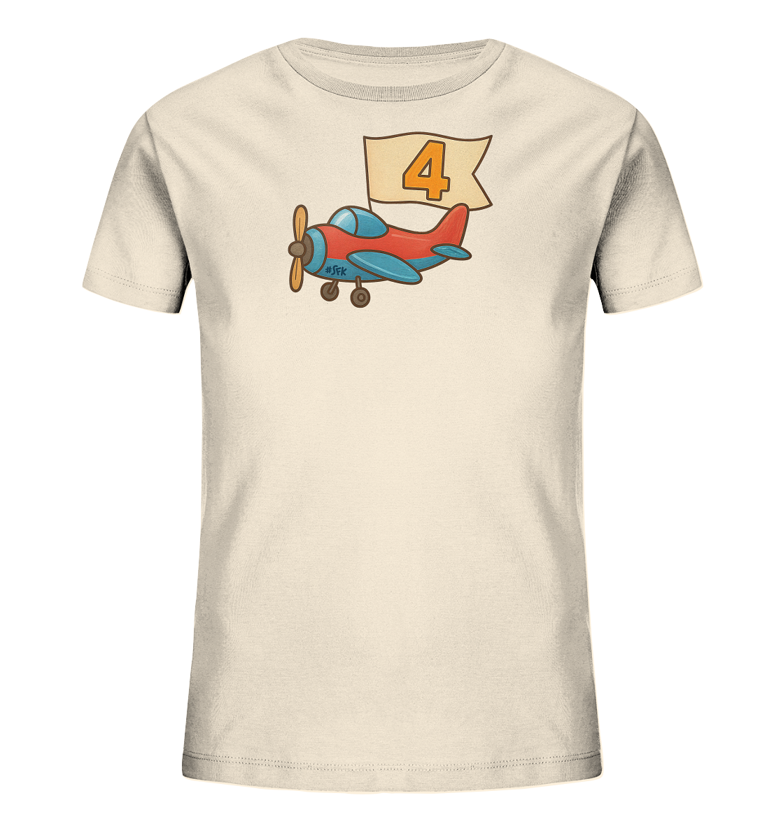 Onlineshop Shirts fuer Kinder - Dieses helle T-Shirt fuer Kinder zeigt ein verspieltes Motiv eines roten Flugzeugs mit blauen Details. Das Flugzeug zieht einen hellen Banner mit der Zahl Vier darauf. Das Design ist farbenfroh und ansprechend, ideal fuer kleine Flugzeugfans.