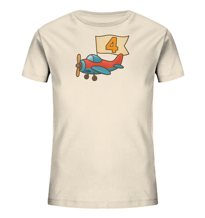 Kinder T-Shirt mit rotem und blauem Flugzeug, Banner und Zahl 4
