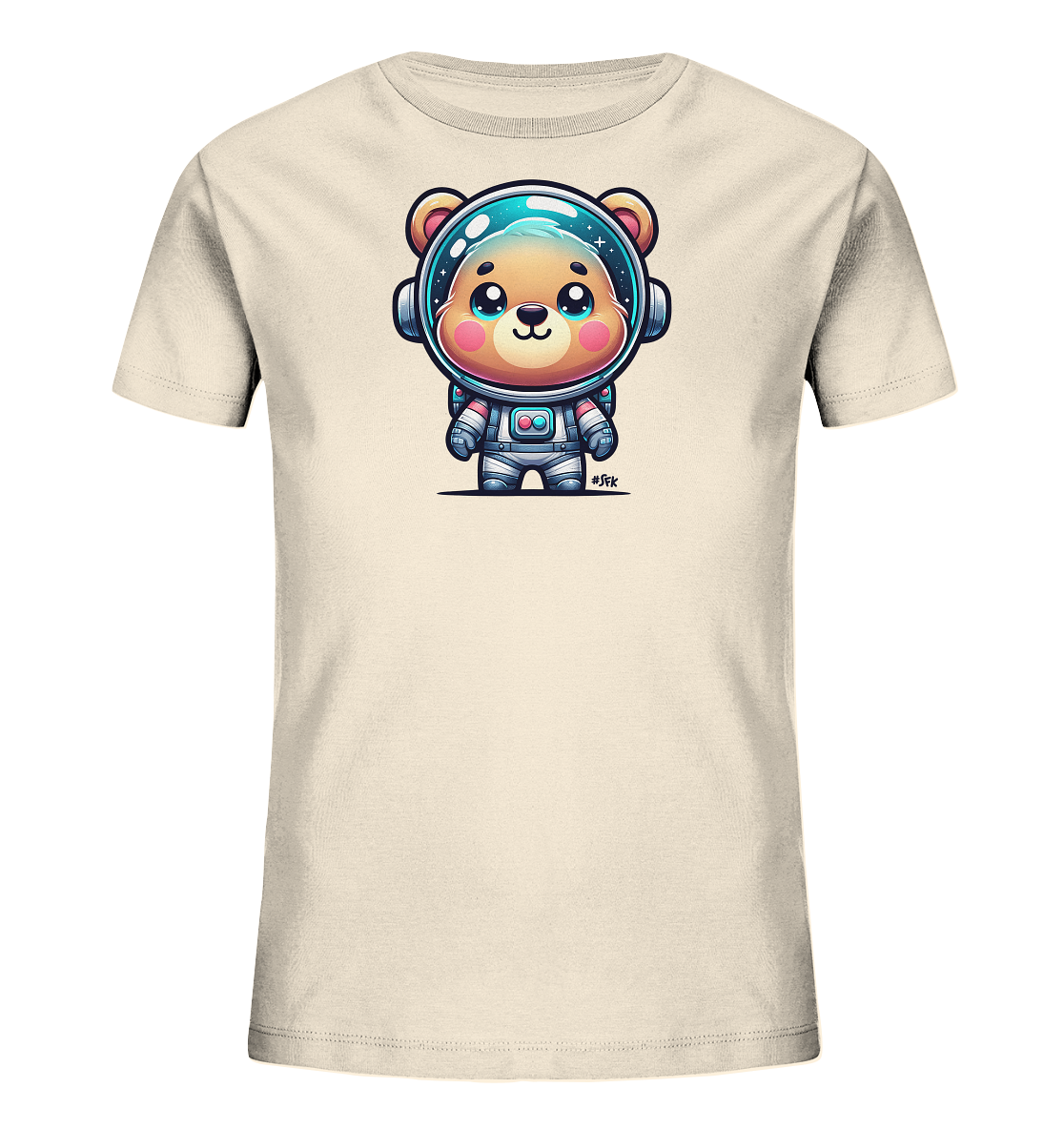 Onlineshop Shirts fuer Kinder - Das Bild zeigt ein hellbeiges Kinder T-Shirt mit einem niedlichen Baeren im Astronautenanzug. Der Cartoon-Baer traegt einen detailreichen Weltraumanzug und Helm. Das Design ist farbenfroh und verspielt.