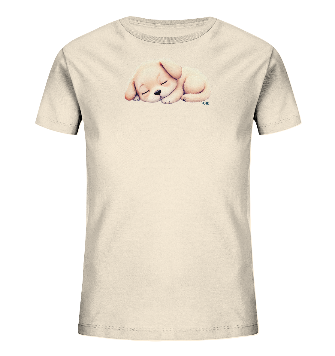 Kinder T-Shirt mit zusammengerolltem schlafendem Welpen in Cremefarben