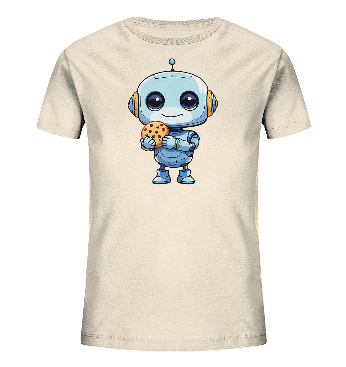 Onlineshop Shirts für Kinder - Das Bild zeigt ein cremefarbenes T-Shirt für Kinder. Auf der Vorderseite ist eine Illustration eines niedlichen, blauen Roboters zu sehen. Der Roboter hält lächelnd einen Schokoladenkeks in seinen Händen. Der Cartoon-Roboter hat große, freundliche Augen und orangefarbene Details an den Ohren und der Antenne.