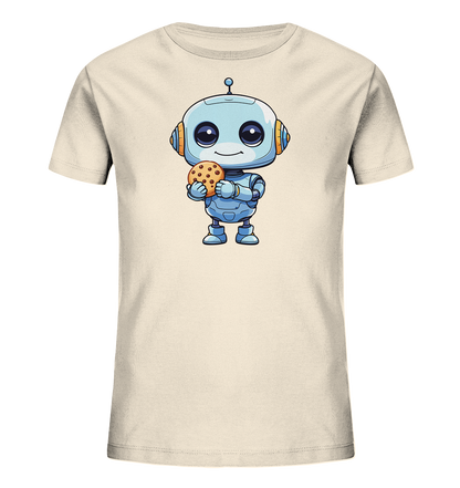 Onlineshop Shirts für Kinder - Das Bild zeigt ein cremefarbenes T-Shirt für Kinder. Auf der Vorderseite ist eine Illustration eines niedlichen, blauen Roboters zu sehen. Der Roboter hält lächelnd einen Schokoladenkeks in seinen Händen. Der Cartoon-Roboter hat große, freundliche Augen und orangefarbene Details an den Ohren und der Antenne.