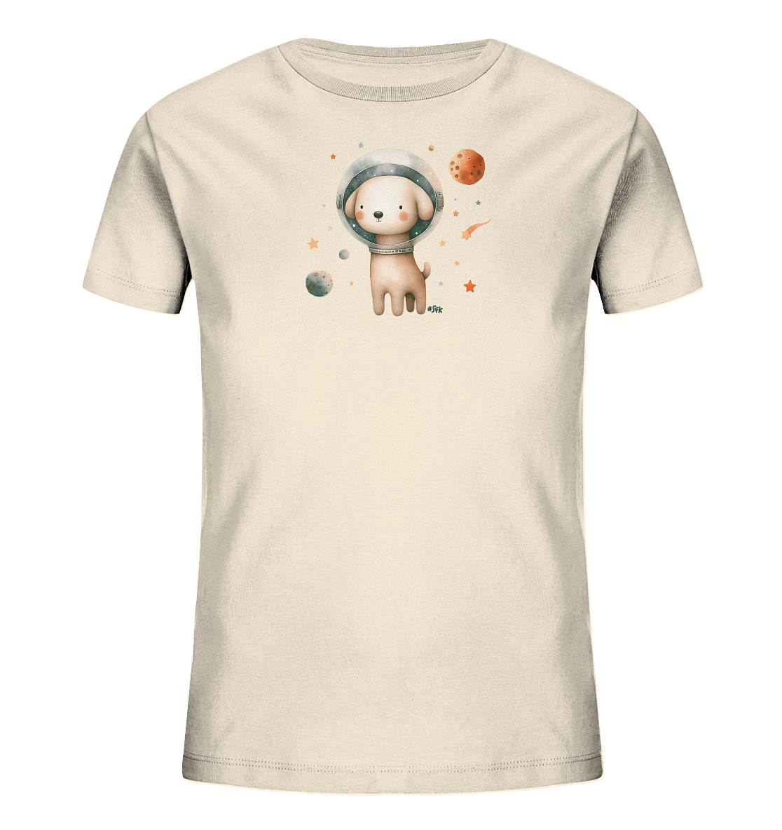 Onlineshop Shirts fuer Kinder - Das Bild zeigt ein cremefarbenes Kinder-T-Shirt mit einem niedlichen Aufdruck. Auf der Vorderseite ist eine cartoonartige Illustration eines kleinen Hundes zu sehen, der einen Astronautenhelm traegt. Um den Hund herum sind Planeten, Sterne und eine Sternschnuppe im Weltraum abgebildet. Das Design hat ein fantasievolles Weltraumthema.