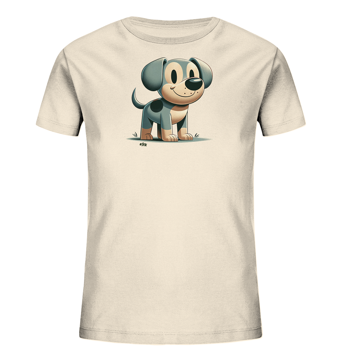 Onlineshop Shirts fuer Kinder - Das Bild zeigt ein hellbeiges Kinder-T-Shirt mit einer niedlichen Cartoon-Illustration eines kleinen Hundes auf der Vorderseite. Der Hund hat grosse, freundliche Augen und ein breites Laecheln, mit grau-blauem Fell und dunklen Flecken. Er steht auf gruenem Gras dargestellt und blickt direkt nach vorne. Das Motiv verleiht dem Shirt einen froehlichen und kindgerechten Charakter.