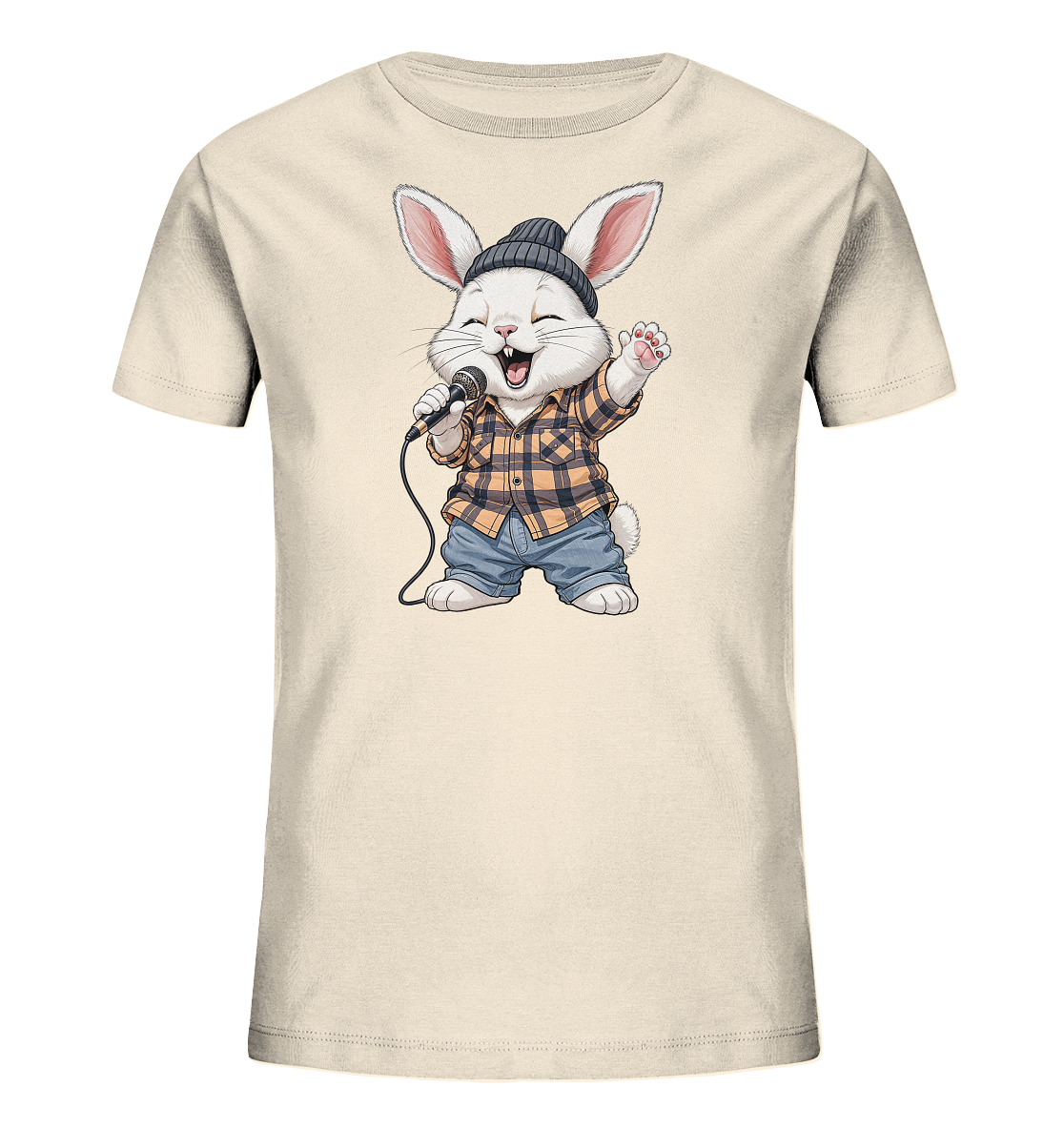 Onlineshop Shirts fuer Kinder - Das Bild zeigt ein cremefarbenes Kinder-T-Shirt mit einem niedlichen Cartoon-Hase. Der Hase traegt eine Muetze, ein kariertes Hemd und Jeans und haelt ein Mikrofon. Er scheint begeistert zu singen, mit geoeffnetem Mund und einer erhobenen Pfote. Das Design strahlt Freude und musikalische Energie aus.
