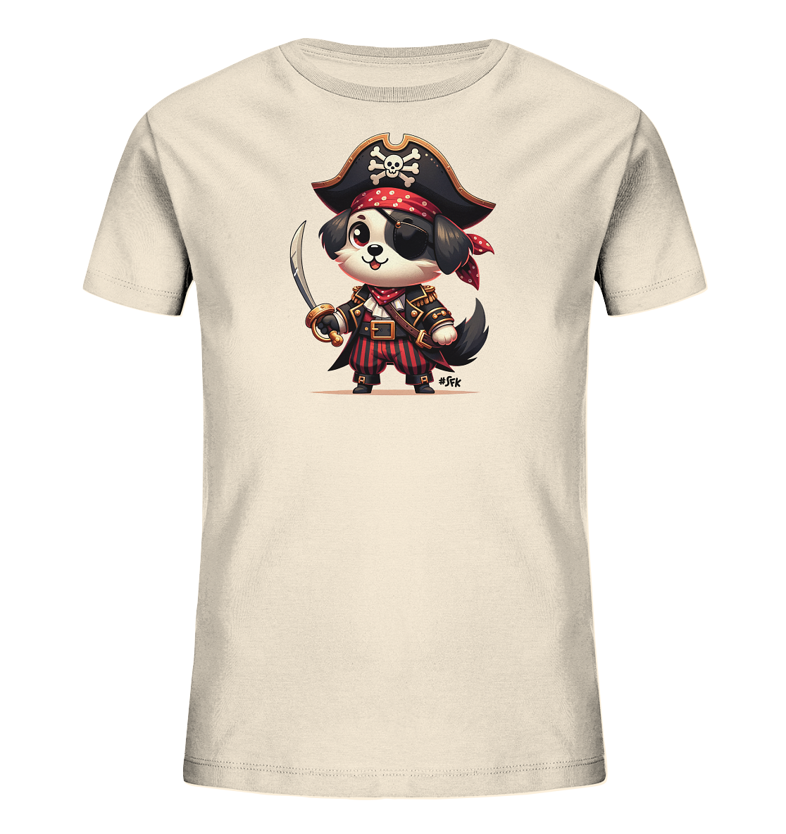 Kinder T-Shirt mit Cartoon-Piratenhund, Augenklappe, Hut und Säbel