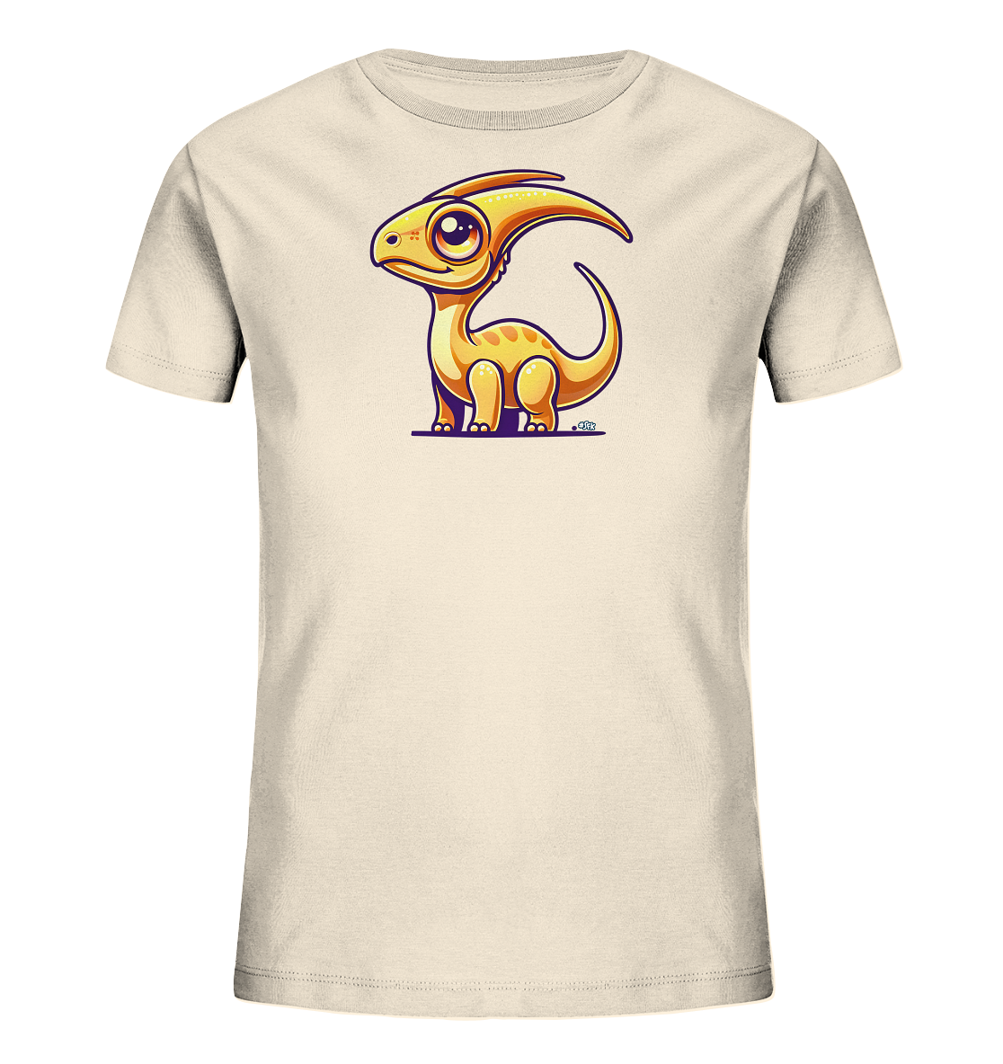 Onlineshop Shirts fuer Kinder - Das Bild zeigt ein hellbeiges T-Shirt fuer Kinder. Auf der Vorderseite ist eine niedliche, cartoonartige Illustration eines orange-gelben Dinosauriers zu sehen. Der kleine Dino hat grosse Augen, Punkte auf dem Koerper und einen charakteristischen Kamm am Kopf, der sich nach hinten woelbt. Die Grafik ist in einem freundlichen und farbenfrohen Stil gestaltet und steht auf einer lila Linie.