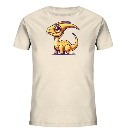Onlineshop Shirts fuer Kinder - Das Bild zeigt ein hellbeiges T-Shirt fuer Kinder. Auf der Vorderseite ist eine niedliche, cartoonartige Illustration eines orange-gelben Dinosauriers zu sehen. Der kleine Dino hat grosse Augen, Punkte auf dem Koerper und einen charakteristischen Kamm am Kopf, der sich nach hinten woelbt. Die Grafik ist in einem freundlichen und farbenfrohen Stil gestaltet und steht auf einer lila Linie.