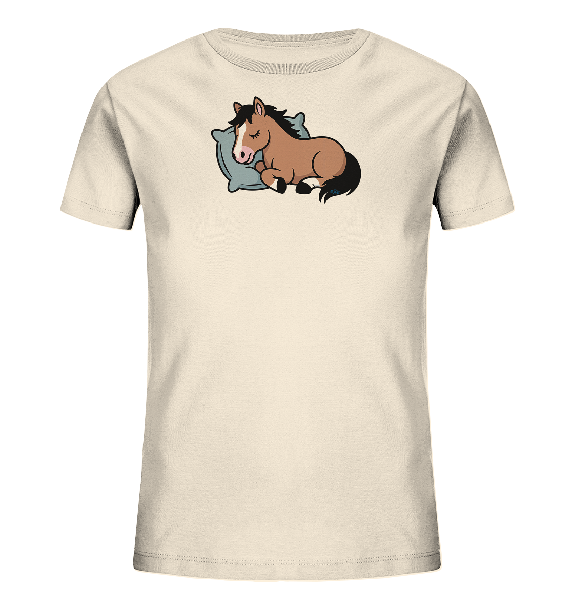 Onlineshop Shirts fuer Kinder - Das Bild zeigt ein beiges Kinder-T-Shirt. Auf der Vorderseite ist eine niedliche Illustration eines schlafenden Pferdes abgebildet. Das braune Pferd liegt gemuetlich auf einem hellblauen Kissen, die Augen sind geschlossen. Das Design verleiht dem Shirt einen sanften und beruhigenden Ausdruck.