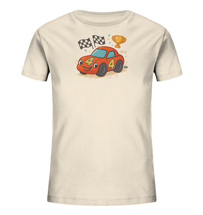 Onlineshop Shirts fuer Kinder - Dieses helle Kinder-T-Shirt zeigt ein lustiges, rotes Rennauto mit der Nummer 4. Das Auto faehrt an zwei Zielflaggen vorbei, und darueber schwebt ein glaenzender Pokal. Das dynamische Design mit dem froehlichen Rennwagen und dem Siegerpokal eignet sich hervorragend fuer kleine Motorsportfans.