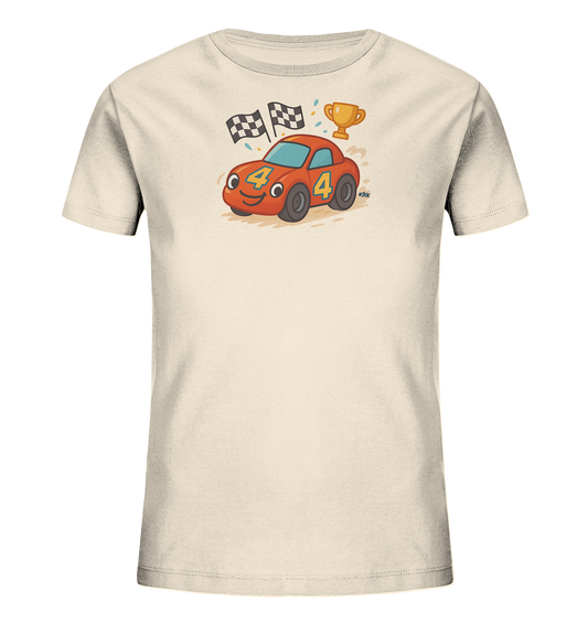 Onlineshop Shirts fuer Kinder - Dieses helle Kinder-T-Shirt zeigt ein lustiges, rotes Rennauto mit der Nummer 4. Das Auto faehrt an zwei Zielflaggen vorbei, und darueber schwebt ein glaenzender Pokal. Das dynamische Design mit dem froehlichen Rennwagen und dem Siegerpokal eignet sich hervorragend fuer kleine Motorsportfans.