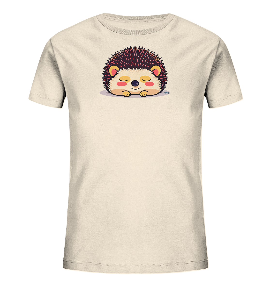 Onlineshop Shirts fuer Kinder - Das Bild zeigt ein hellbeiges Kinder-T-Shirt. Auf der Vorderseite ist ein niedlicher, schlafender Igel abgebildet. Der Igel hat dunkle Stacheln und ein freundliches, friedliches Gesicht mit geschlossenen Augen. Das Design wirkt beruhigend und verspielt, ideal fuer Kinderkleidung.