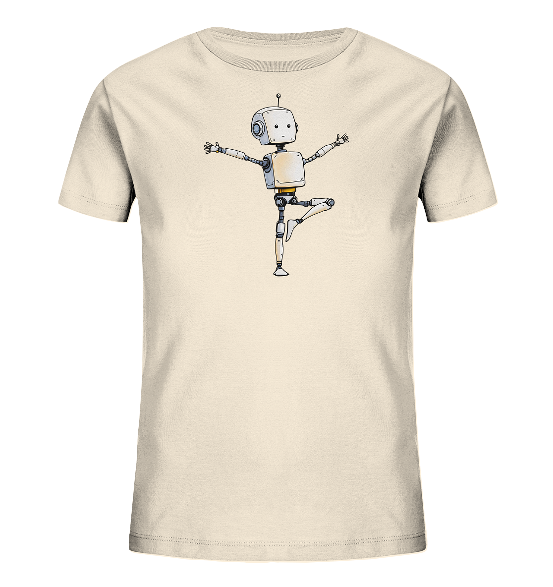 Onlineshop Shirts für Kinder - Das Bild zeigt ein schlichtes, beigefarbenes Kinder-T-Shirt. Auf der Vorderseite ist zentral eine farbige Illustration eines kleinen Roboters platziert. Der Roboter im Cartoon-Stil steht auf einem Bein und breitet seine Arme aus, als würde er tanzen oder balancieren. Er hat einen runden Kopf mit einer Antenne und Gelenke mit gelben Details, was ihm ein freundliches und mechanisches Aussehen verleiht. Dieses Motiv ist neutral gestaltet und spricht junge Träger an.
