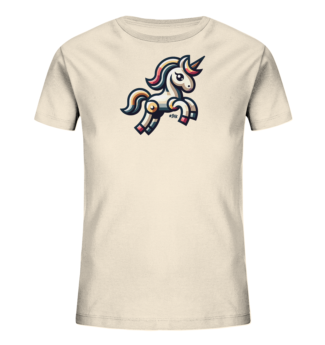 Onlineshop Shirts fuer Kinder - Das Bild zeigt ein cremefarbenes Kinder-T-Shirt mit einem stilisierten Einhorn-Motiv auf der Vorderseite. Das Einhorn hat eine bunte Maehne und ist in einer springenden Pose dargestellt. Das Design wirkt verspielt und farbenfroh und ist ideal fuer Kinder.