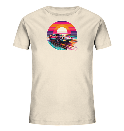 Kinder T-Shirt mit ein farbiger Sportwagen vor einer gestreiften Retro-Sonne
