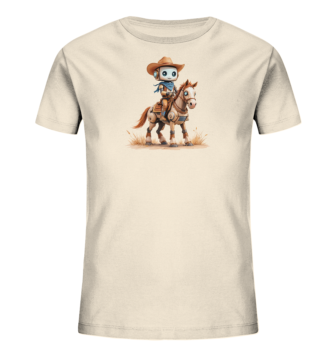 Onlineshop Shirts für Kinder - Das Bild zeigt ein helles, cremefarbenes T-Shirt mit einem detailreichen Aufdruck in der Mitte. Das Motiv stellt einen kleinen Roboter dar, der einen Cowboyhut und ein blaues Halstuch trägt und auf einem mechanisch aussehenden Pferd reitet. Die Illustration ist in einem cartoonartigen Stil gehalten und zeigt das Pferd auf einem sandigen Boden mit einzelnen Grasbüscheln. Dieses Design wirkt verspielt und abenteuerlich.