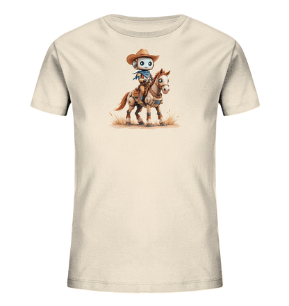 Onlineshop Shirts für Kinder - Das Bild zeigt ein helles, cremefarbenes T-Shirt mit einem detailreichen Aufdruck in der Mitte. Das Motiv stellt einen kleinen Roboter dar, der einen Cowboyhut und ein blaues Halstuch trägt und auf einem mechanisch aussehenden Pferd reitet. Die Illustration ist in einem cartoonartigen Stil gehalten und zeigt das Pferd auf einem sandigen Boden mit einzelnen Grasbüscheln. Dieses Design wirkt verspielt und abenteuerlich.