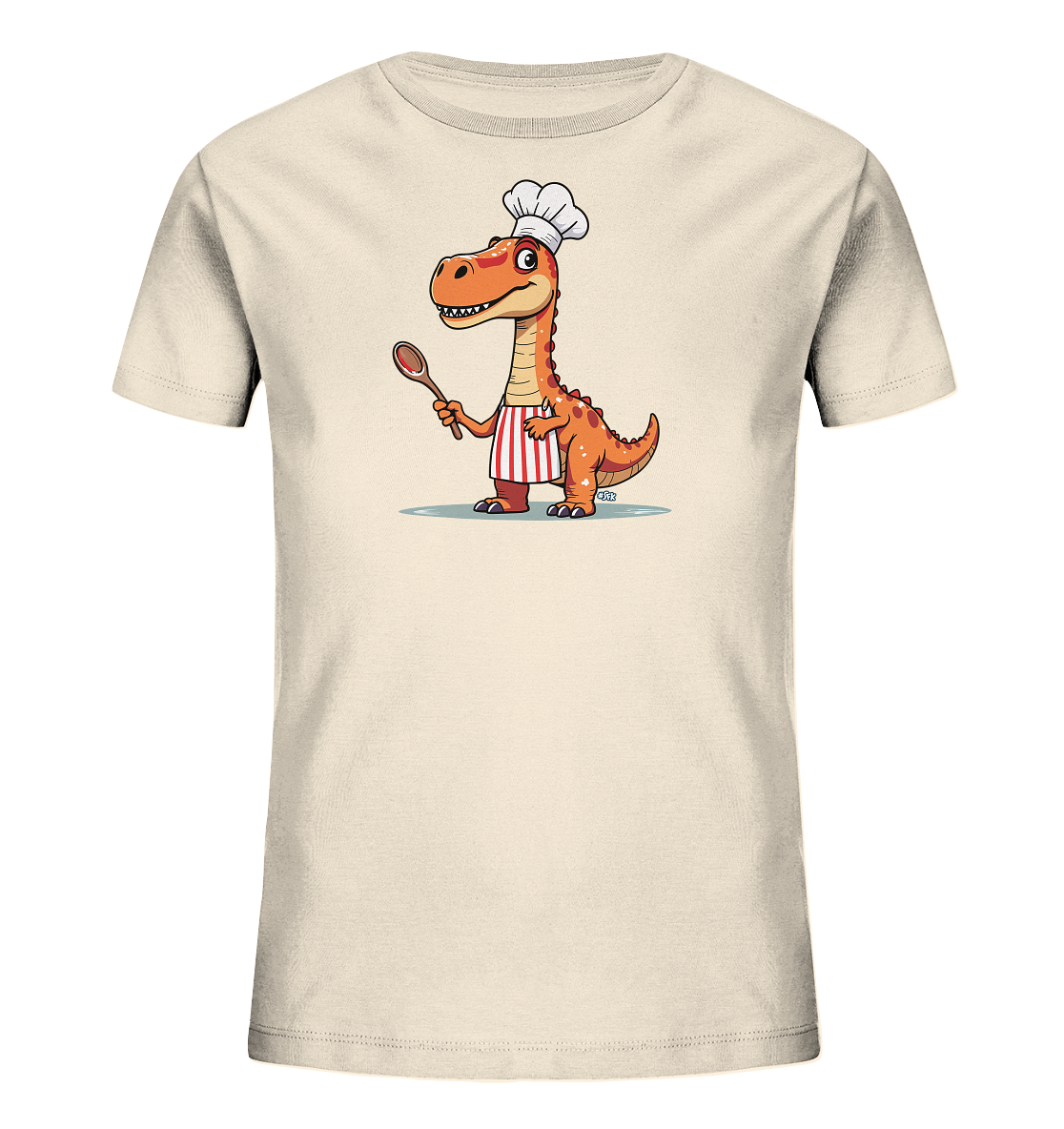 Onlineshop Shirts fuer Kinder - Das Bild zeigt ein cremefarbenes Kinder-T-Shirt mit einer lustigen Illustration eines Dinosauriers als Koch. Der orangefarbene Dino traegt eine Kochmuetze und eine rot-weiss gestreifte Schuerze. Er haelt einen Kochloeffel in der Hand und hat ein freundliches Laecheln. Das Design wirkt froehlich und verspielt und ist auf der Vorderseite des Shirts platziert.