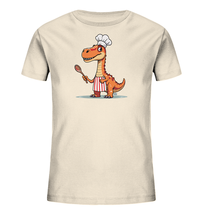 Kinder T-Shirt mit orangefarbenem Dino als Koch