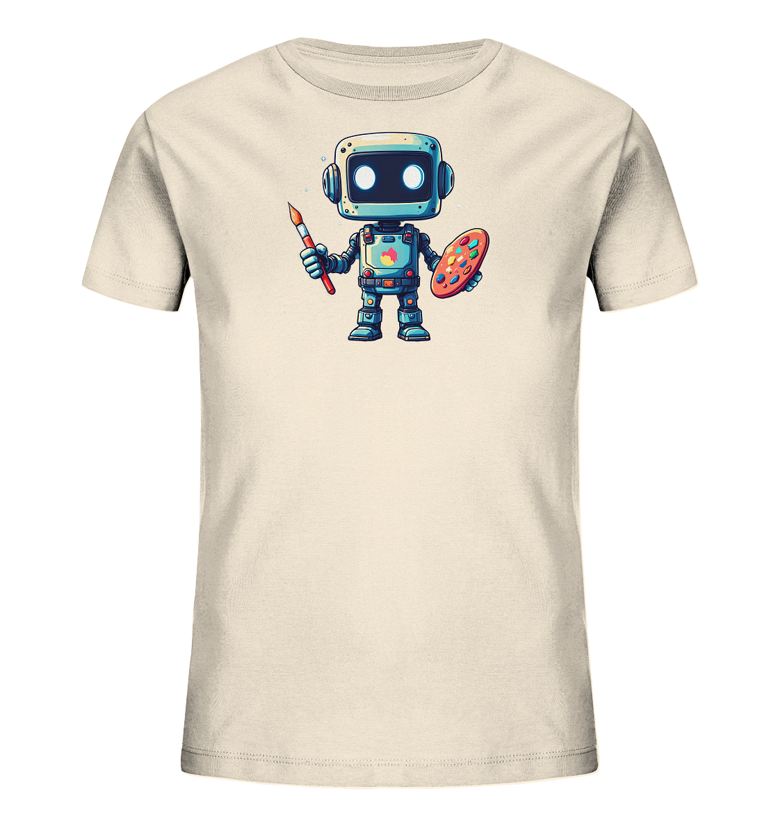 Onlineshop Shirts für Kinder - Das Bild zeigt ein Kinder-T-Shirt in einem hellen Beigeton. Auf der Vorderseite ist eine Illustration eines freundlichen, cartoonhaften Roboters zu sehen. Der Roboter hält in der rechten Hand einen Pinsel und in der linken Hand eine Malerpalette mit verschiedenen Farben. Das Design zeigt den Roboter als kleinen Künstler und verleiht dem Shirt einen kreativen und verspielten Charakter.