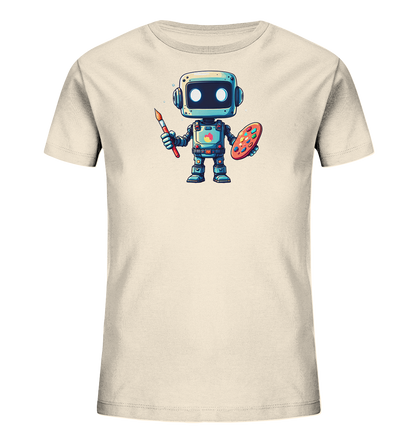 Onlineshop Shirts für Kinder - Das Bild zeigt ein Kinder-T-Shirt in einem hellen Beigeton. Auf der Vorderseite ist eine Illustration eines freundlichen, cartoonhaften Roboters zu sehen. Der Roboter hält in der rechten Hand einen Pinsel und in der linken Hand eine Malerpalette mit verschiedenen Farben. Das Design zeigt den Roboter als kleinen Künstler und verleiht dem Shirt einen kreativen und verspielten Charakter.