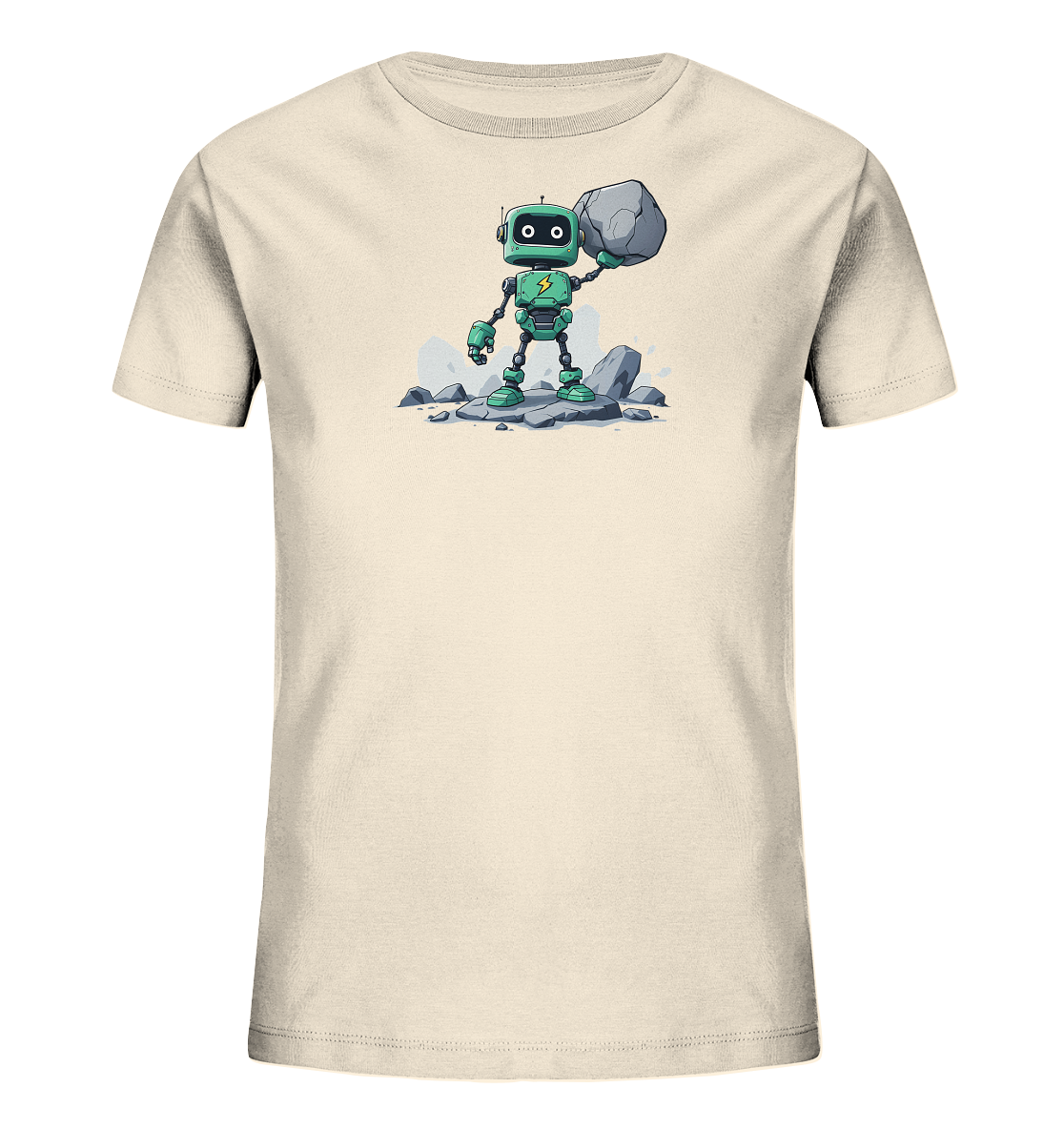 Onlineshop Shirts für Kinder - Das Bild zeigt ein cremefarbenes T-Shirt für Kinder. Auf der Vorderseite befindet sich eine Illustration eines kleinen, grünen Roboters. Der Roboter steht auf grauen Steinen und hält einen großen, grauen Felsen mit einem Arm über seinem Kopf. Das Design ist im Comic-Stil gezeichnet und stellt den Roboter mit einem stilisierten Blitz auf der Brust dar, umgeben von wenigen lose liegenden Steinen.