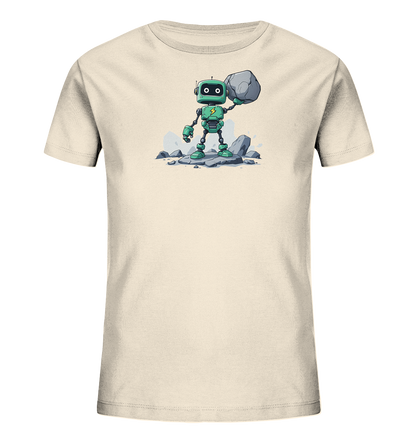 Onlineshop Shirts für Kinder - Das Bild zeigt ein cremefarbenes T-Shirt für Kinder. Auf der Vorderseite befindet sich eine Illustration eines kleinen, grünen Roboters. Der Roboter steht auf grauen Steinen und hält einen großen, grauen Felsen mit einem Arm über seinem Kopf. Das Design ist im Comic-Stil gezeichnet und stellt den Roboter mit einem stilisierten Blitz auf der Brust dar, umgeben von wenigen lose liegenden Steinen.