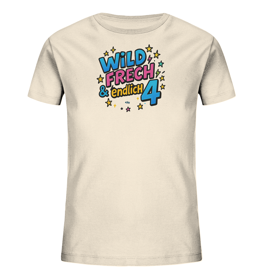Onlineshop Shirts fuer Kinder - Dieses cremefarbene Kinder-T-Shirt zeigt einen lebendigen Aufdruck mit dem Spruch "WILD FRECH & endlich 4". Das Design umfasst bunte Buchstaben in Blau und Pink sowie verspielte Sterne in Gelb und Pink. Die Zahl 4 ist prominent in Blau hervorgehoben. Ein froehliches und farbenfrohes Design.