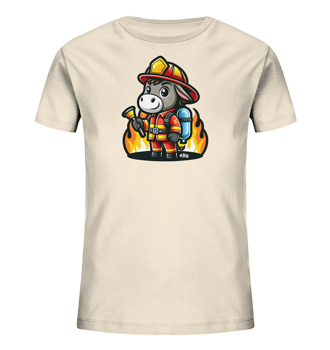 Kinder T-Shirt mit ein freundlicher Esel als Feuerwehrmann mit Helm, Anzug und Schlauch