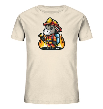 Kinder T-Shirt mit ein freundlicher Esel als Feuerwehrmann mit Helm, Anzug und Schlauch